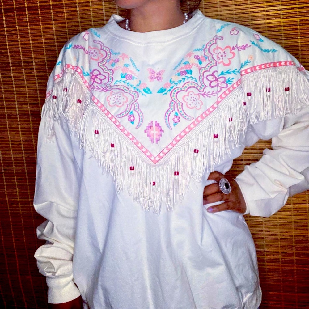 Vintage Southern Beaded Fringe Long Sleeve Tee